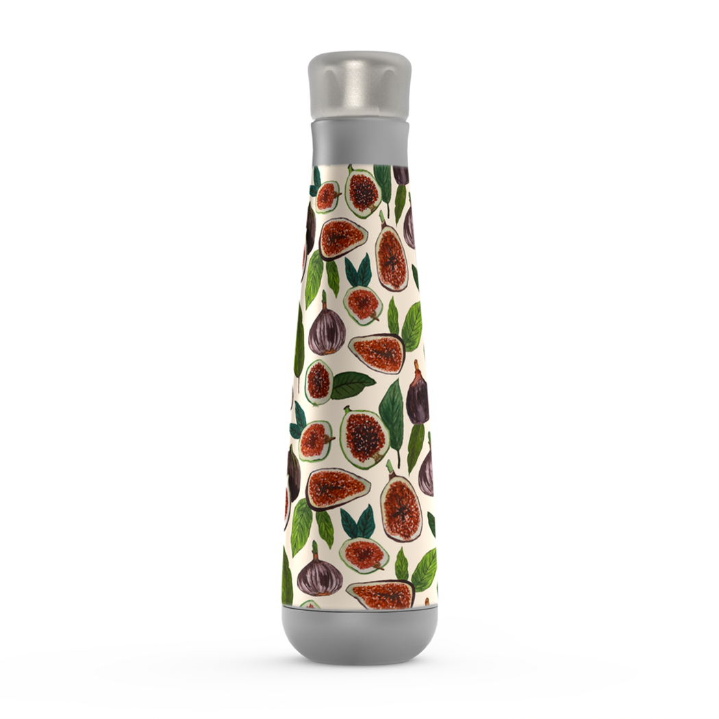 Fig Peristyle Water Bottle in stainless steel with a screw-on lid, showcasing its sleek design and vacuum insulation feature.