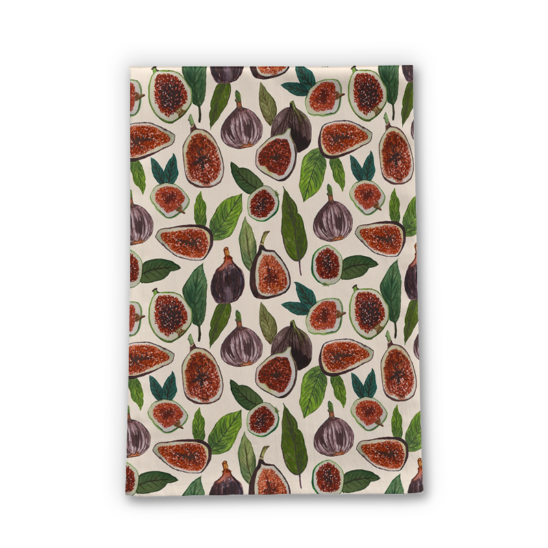 A cozy fig-themed tea towel made of cotton twill, featuring a beautiful fig design, perfect for kitchen decor and practical use.