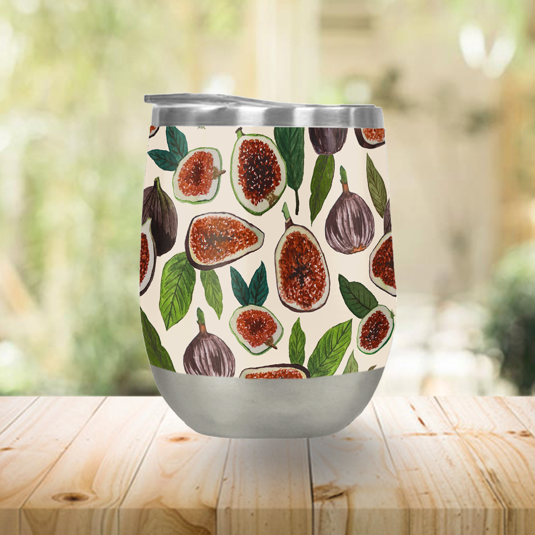 A stylish Fig Wine Tumbler made of stainless steel, featuring a double-wall design and a plastic lid, perfect for outdoor use.