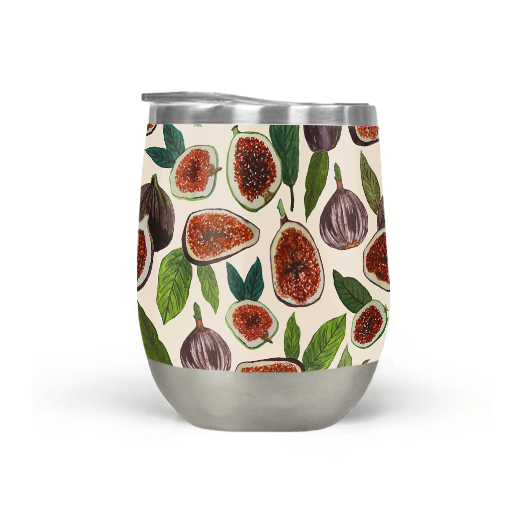 A stylish Fig Wine Tumbler made of stainless steel, featuring a double-wall design and a plastic lid, perfect for outdoor use.