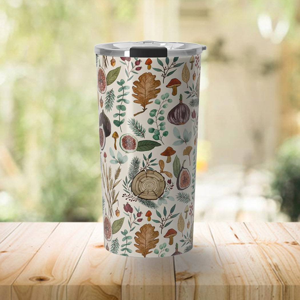 A stylish 20oz travel mug featuring a vibrant design of figs, mushrooms, and leaves, made from durable stainless steel.