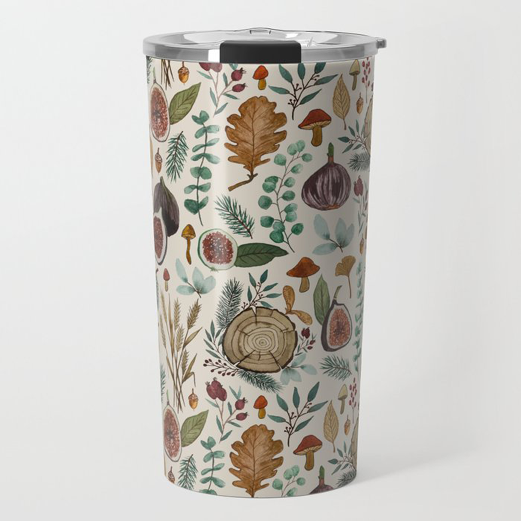 A stylish 20oz travel mug featuring a vibrant design of figs, mushrooms, and leaves, made from durable stainless steel.