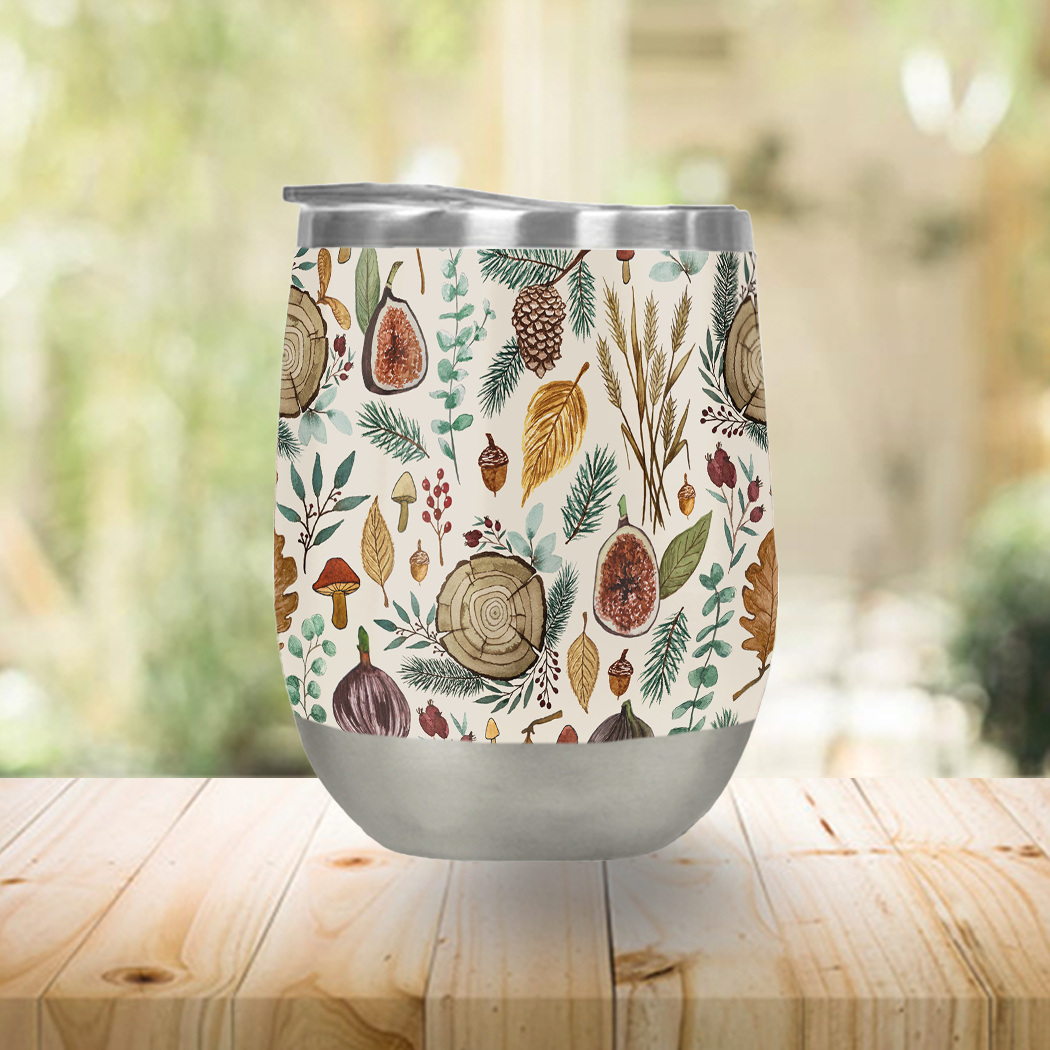 Figs, Mushrooms, and Leaves Wine Tumbler showcasing its stylish design and double-wall insulation.