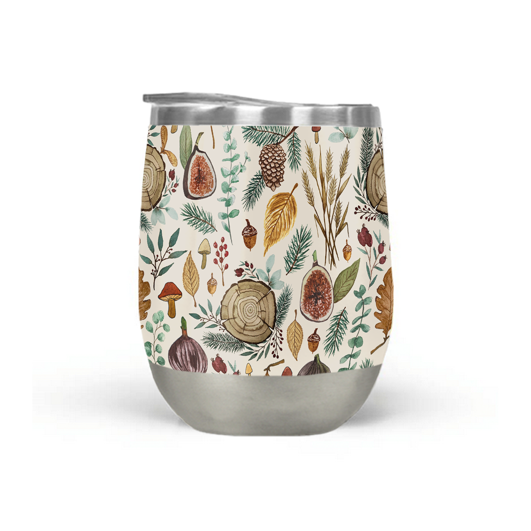 Figs, Mushrooms, and Leaves Wine Tumbler showcasing its stylish design and double-wall insulation.