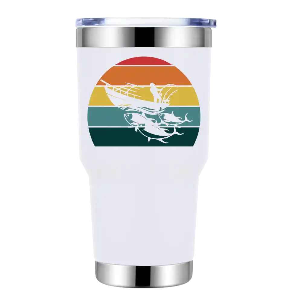 Fishing Boat 30oz Insulated Vacuum Sealed Tumbler with a stainless steel finish and UV-printed design, perfect for keeping drinks hot or cold.