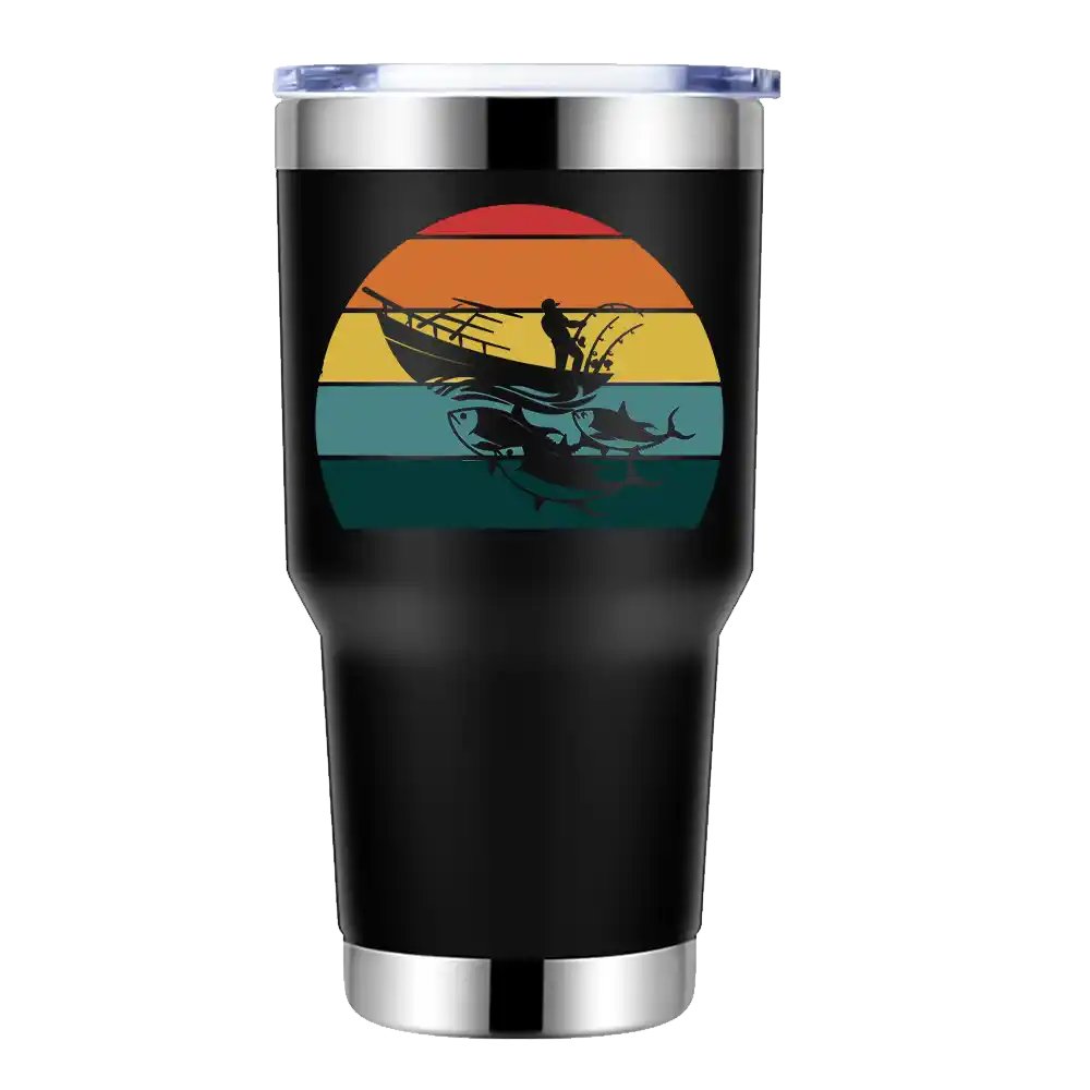 Fishing Boat 30oz Insulated Vacuum Sealed Tumbler with a stainless steel finish and UV-printed design, perfect for keeping drinks hot or cold.