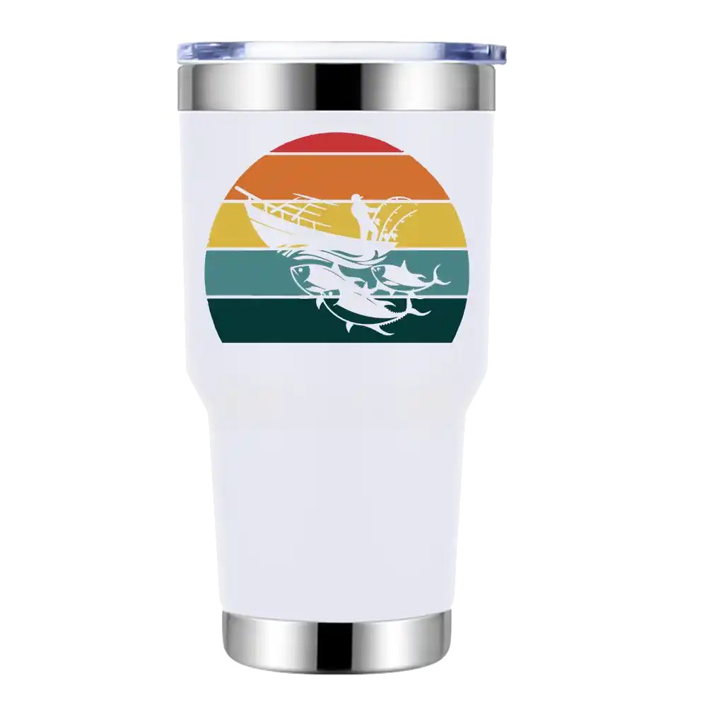 Fishing Boat 30oz Insulated Vacuum Sealed Tumbler with a stainless steel finish and UV-printed design, perfect for keeping drinks hot or cold.