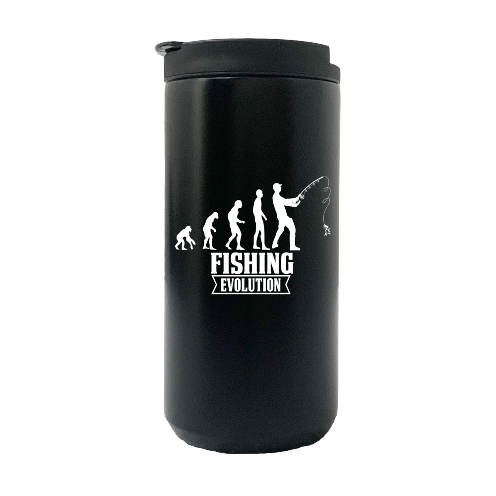 Fishing Evolution 14oz Insulated Coffee Tumbler in stainless steel with UV printed design, showcasing its double-walled insulation and splash-proof lid.