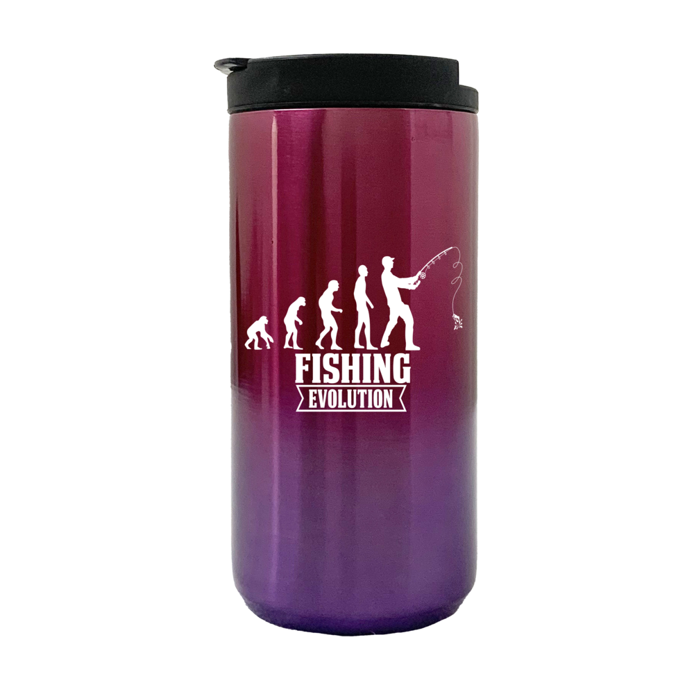 Fishing Evolution 14oz Insulated Coffee Tumbler in stainless steel with UV printed design, showcasing its double-walled insulation and splash-proof lid.