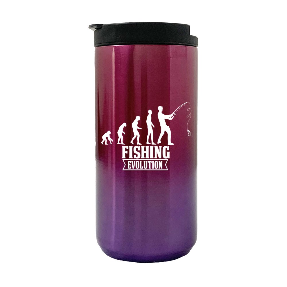 Fishing Evolution 14oz Insulated Coffee Tumbler in stainless steel with UV printed design, showcasing its double-walled insulation and splash-proof lid.