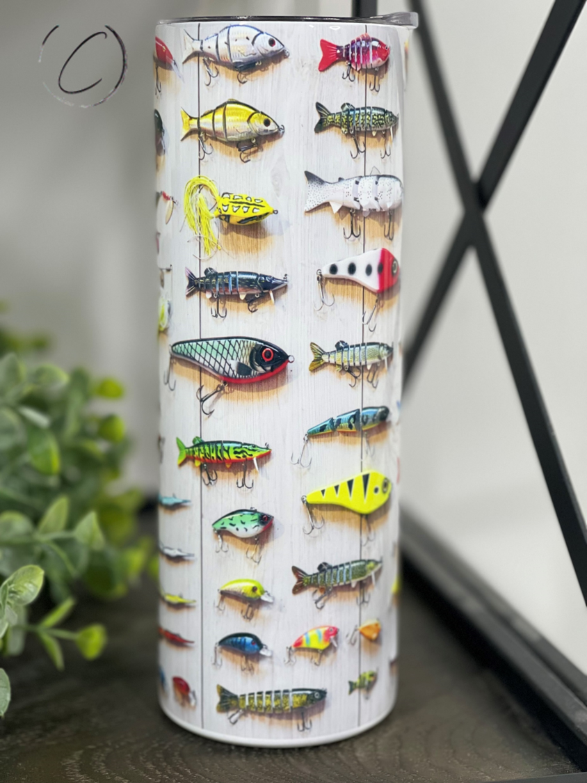 Fishing Lures 20oz Skinny Tumbler with vibrant fishing lure design, perfect for outdoor use.