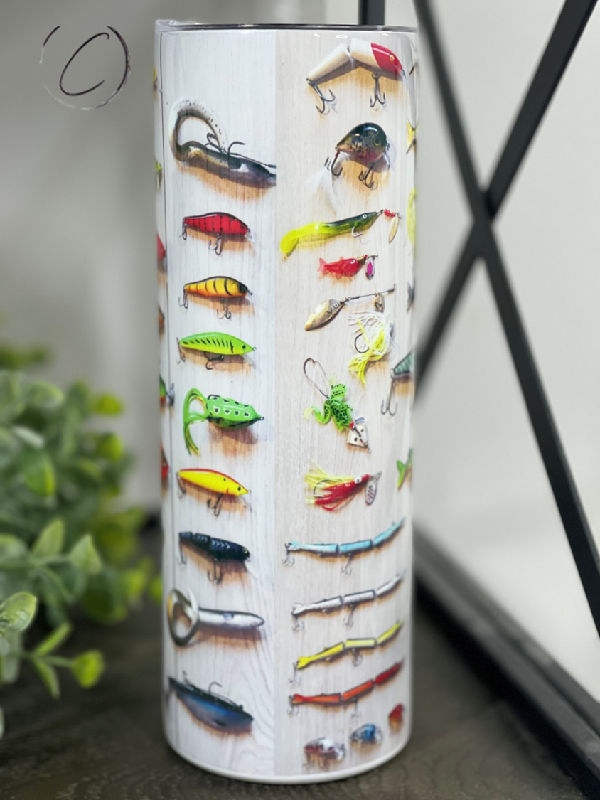 Fishing Lures 20oz Skinny Tumbler with vibrant fishing lure design, perfect for outdoor use.