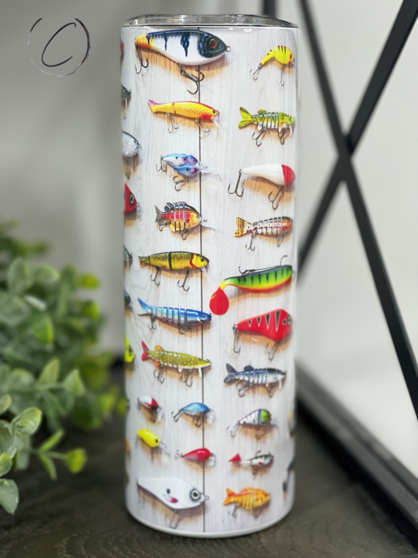 Fishing Lures 20oz Skinny Tumbler with vibrant fishing lure design, perfect for outdoor use.