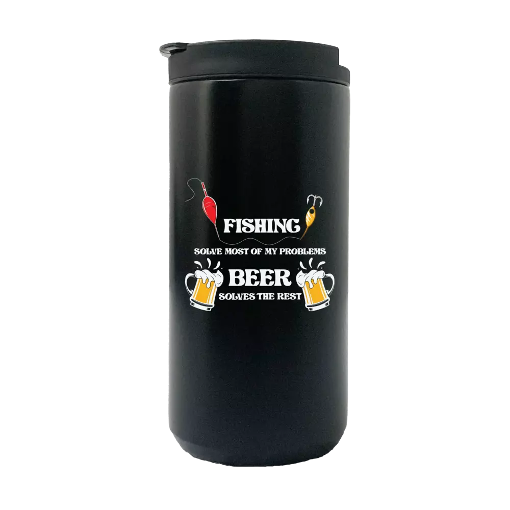 Fishing Solves All My Problem 14oz Insulated Coffee Tumbler with a splash-proof lid and UV printed design, perfect for hot or cold beverages.