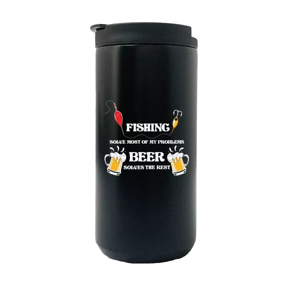 Fishing Solves All My Problem 14oz Insulated Coffee Tumbler with a splash-proof lid and UV printed design, perfect for hot or cold beverages.