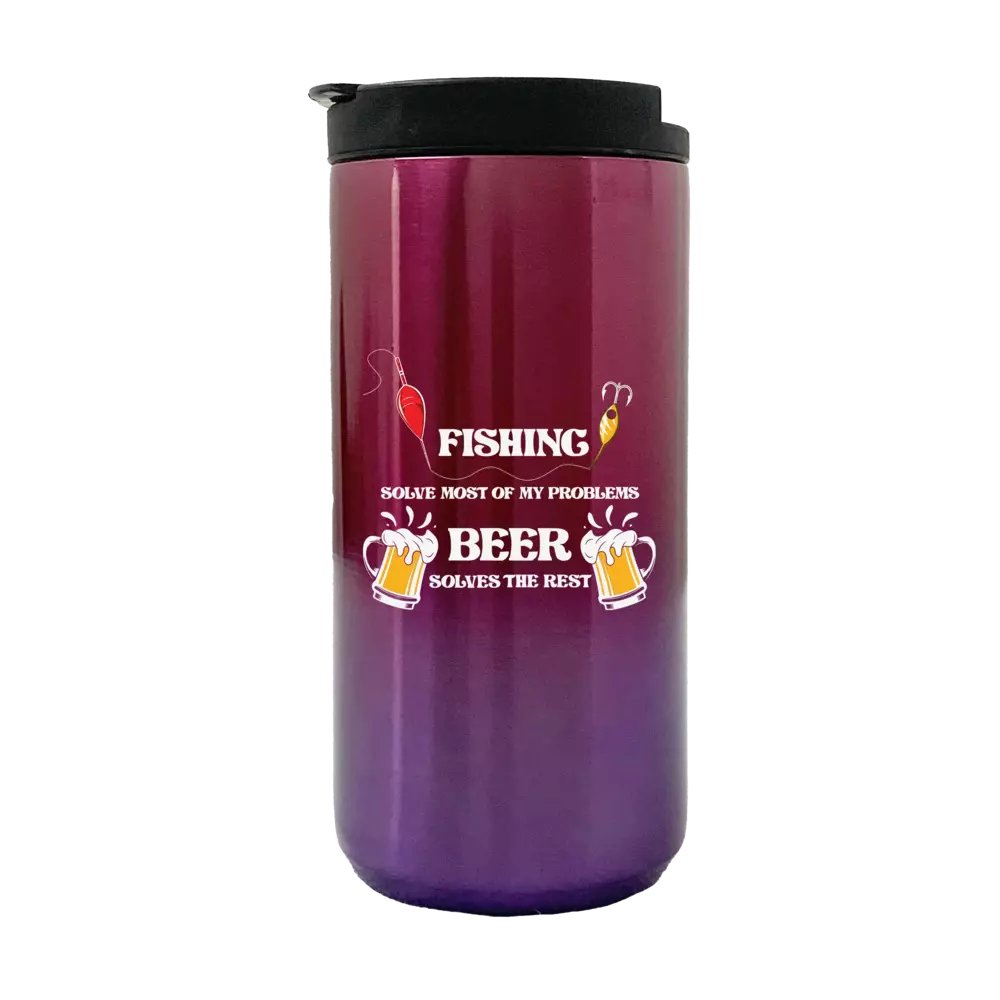 Fishing Solves All My Problem 14oz Insulated Coffee Tumbler with a splash-proof lid and UV printed design, perfect for hot or cold beverages.