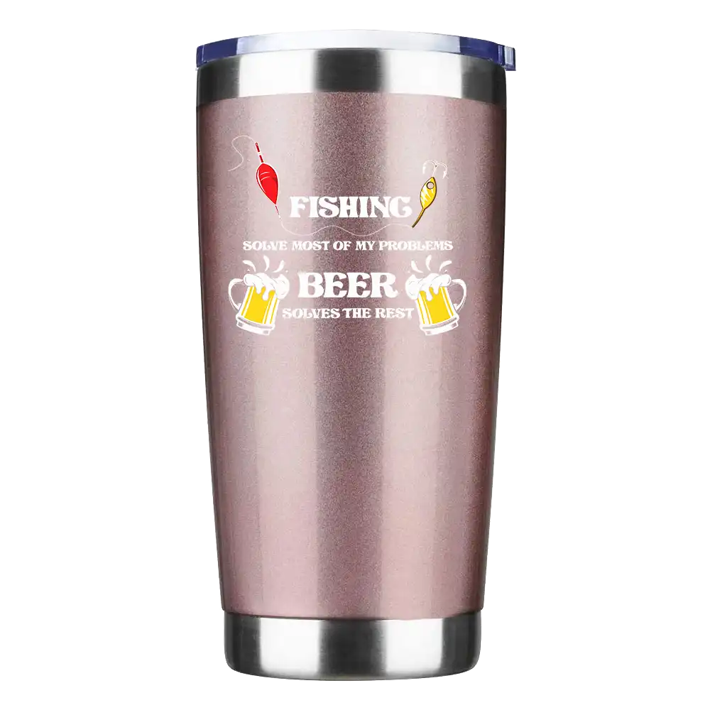 20oz insulated vacuum sealed tumbler with Fishing Solves Most Of My Problem design, showcasing its stainless steel construction and splash-proof lid.