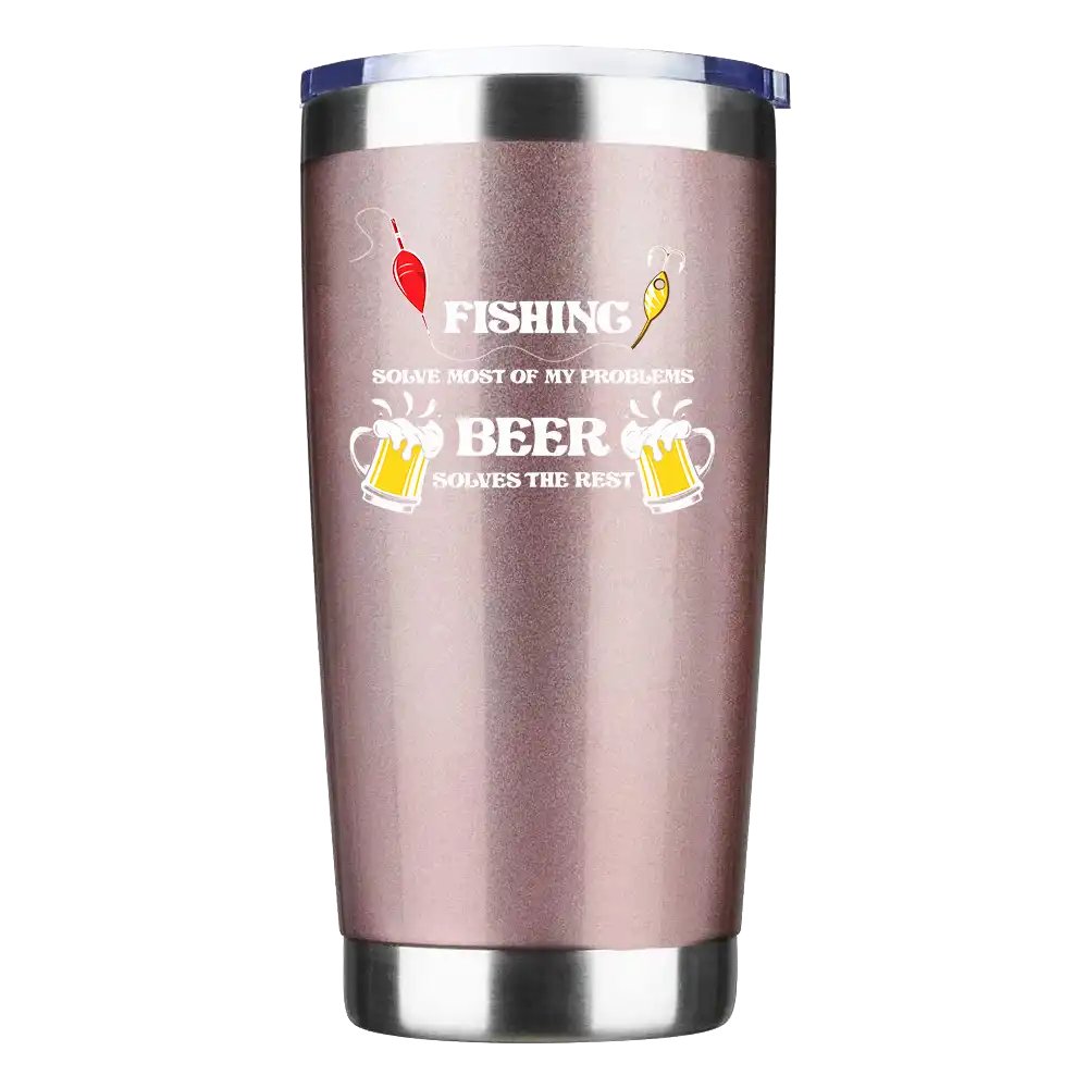 20oz insulated vacuum sealed tumbler with Fishing Solves Most Of My Problem design, showcasing its stainless steel construction and splash-proof lid.