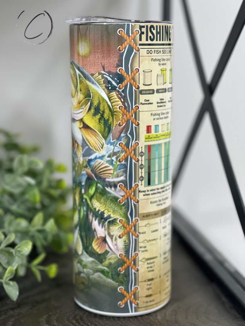 Fishing Tackle Knowledge 20oz Skinny Tumbler with a vibrant fishing-themed design, featuring a reusable straw.