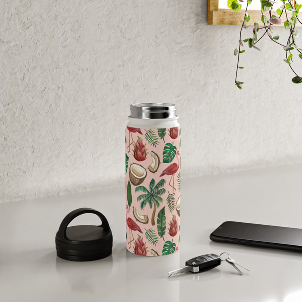 Flamingo and Coconut Handle Lid Water Bottle with a stylish design, showcasing its stainless steel body and vibrant colors.