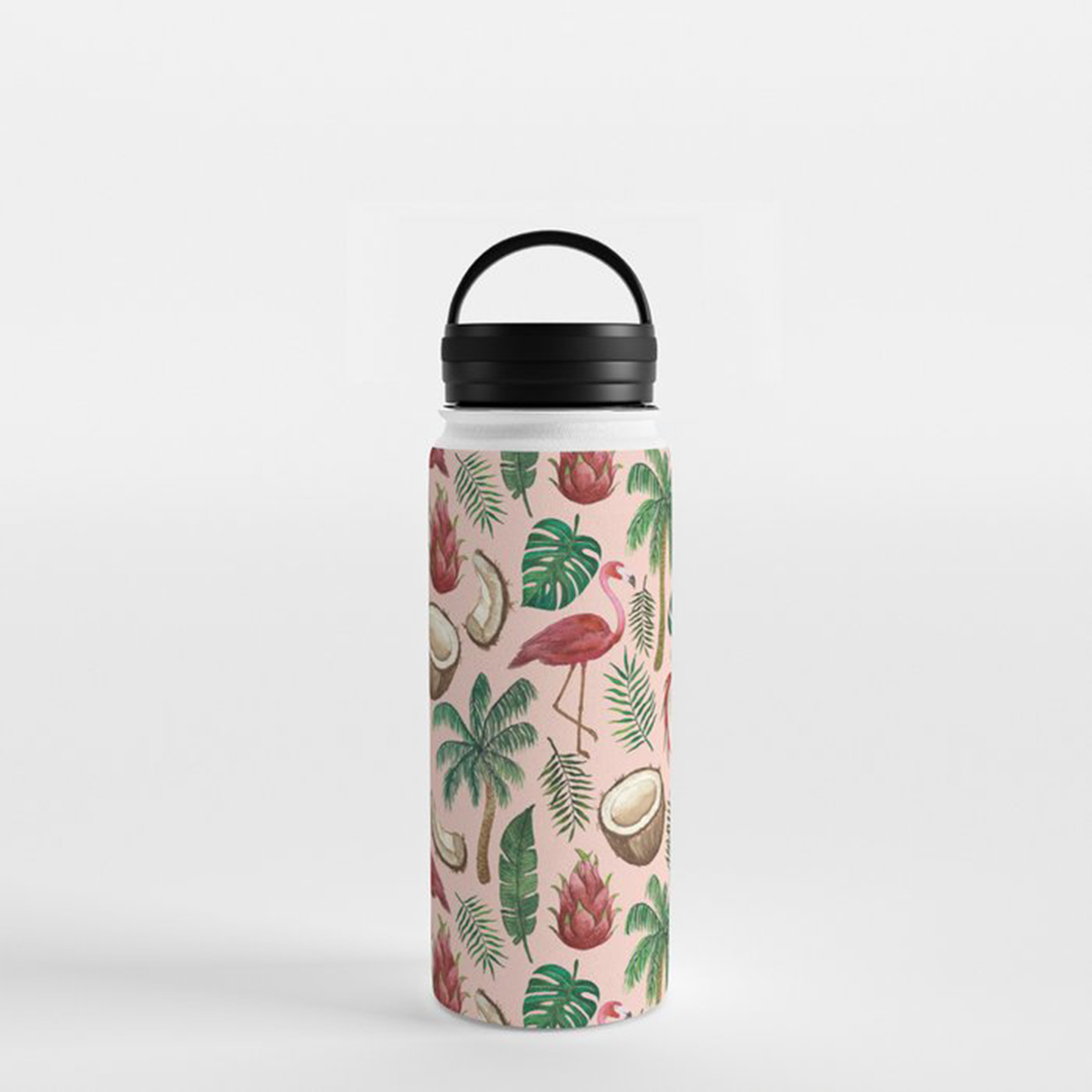 Flamingo and Coconut Handle Lid Water Bottle with a stylish design, showcasing its stainless steel body and vibrant colors.