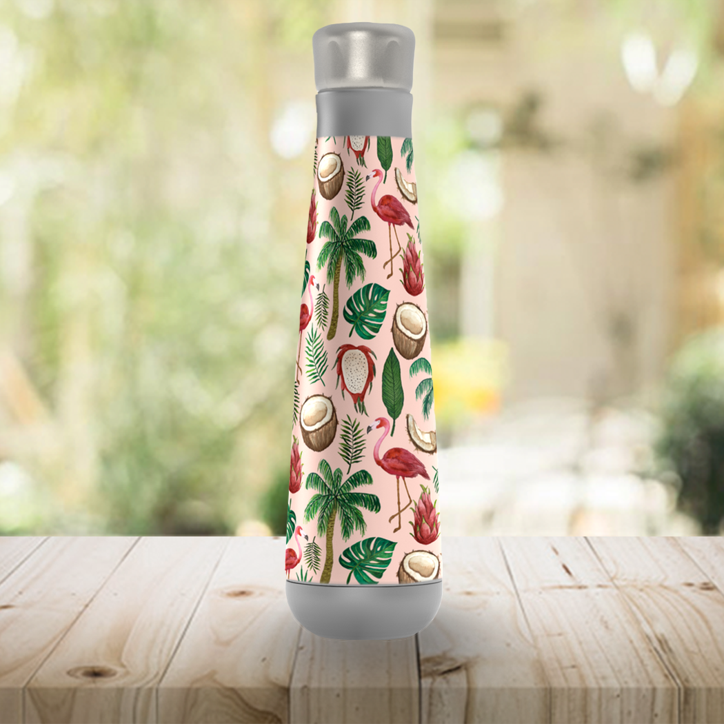 Flamingo and Coconut Peristyle Water Bottle featuring a vibrant design, made of stainless steel with a screw-on lid.