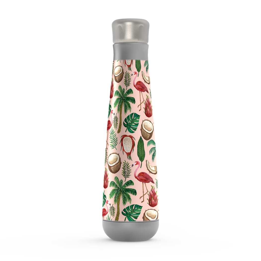 Flamingo and Coconut Peristyle Water Bottle featuring a vibrant design, made of stainless steel with a screw-on lid.