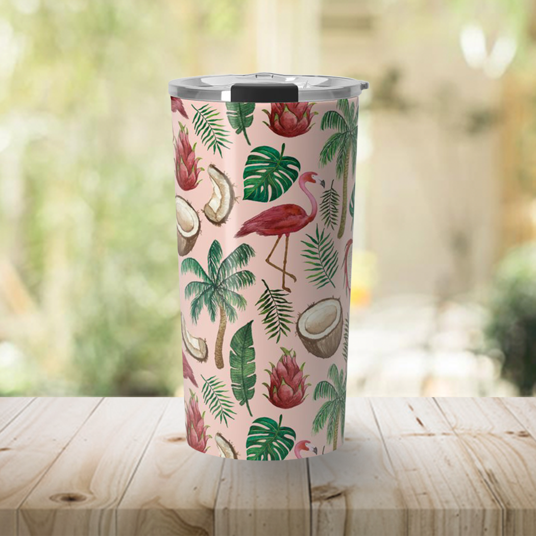 Flamingo and Coconut Travel Mug with vibrant design, showcasing a flamingo and coconut pattern on a stainless steel body.