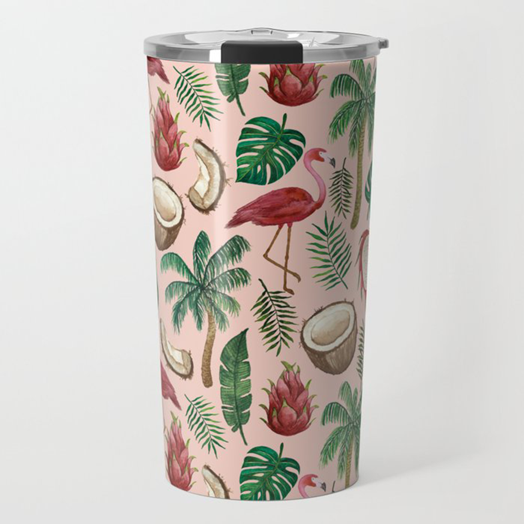 Flamingo and Coconut Travel Mug with vibrant design, showcasing a flamingo and coconut pattern on a stainless steel body.