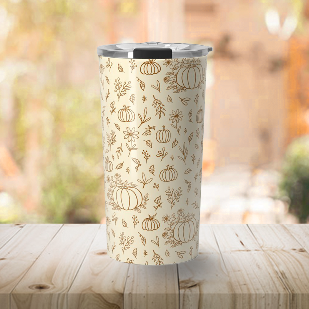 Floral Ink Pumpkin Travel Mug featuring a vibrant floral design, made of stainless steel with a double-wall insulation.