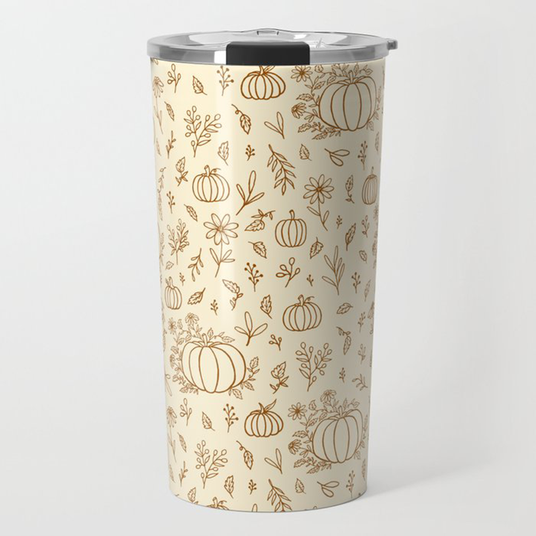 Floral Ink Pumpkin Travel Mug featuring a vibrant floral design, made of stainless steel with a double-wall insulation.