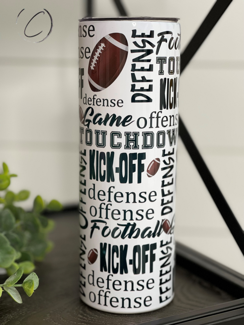 Football Terms 20oz Skinny Tumbler with a full wrap design featuring football-related terms and a reusable straw.