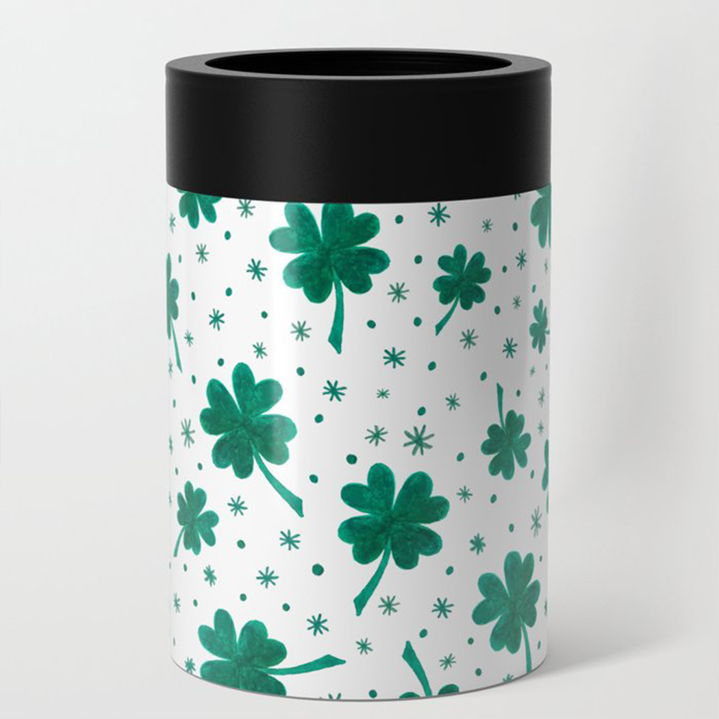 Four Leaf Clover can cooler with vibrant green design, perfect for St. Patrick's Day celebrations.