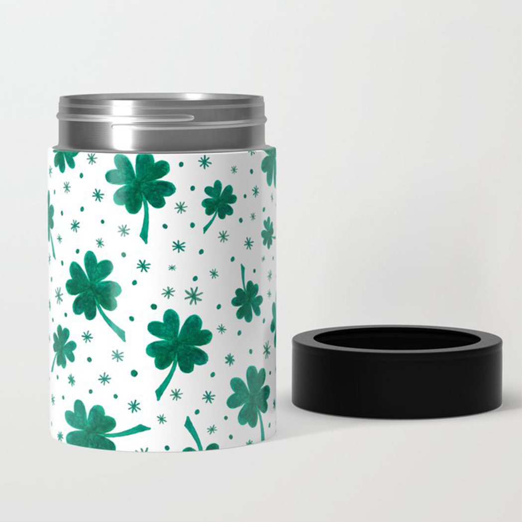 Four Leaf Clover can cooler with vibrant green design, perfect for St. Patrick's Day celebrations.