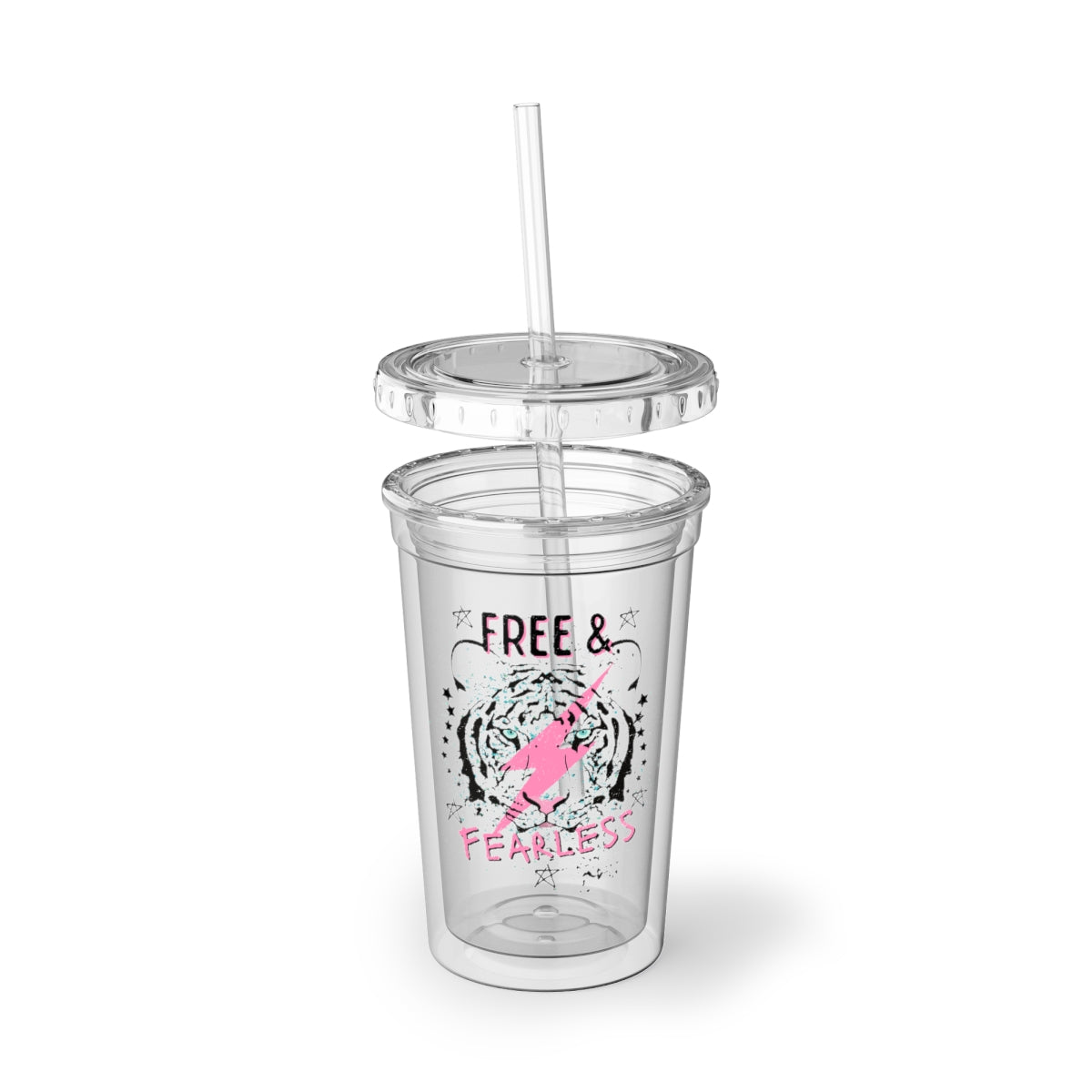 Free And Fearless Acrylic Cup with double-wall insulation, lid, and straw, perfect for hot and cold beverages.