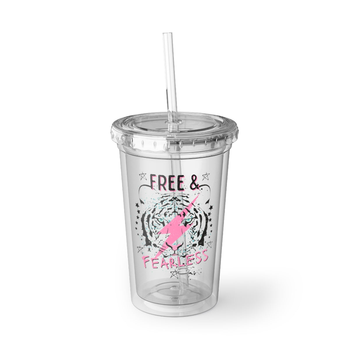 Free And Fearless Acrylic Cup with double-wall insulation, lid, and straw, perfect for hot and cold beverages.