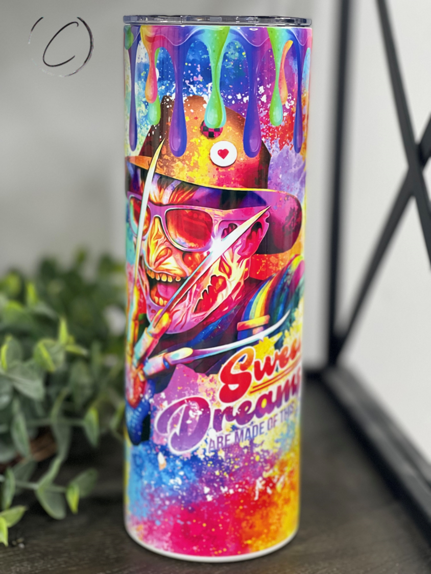 Freddy Sweet Dreams 20oz Skinny Tumbler with a vibrant full wrap design, perfect for drinks on the go.