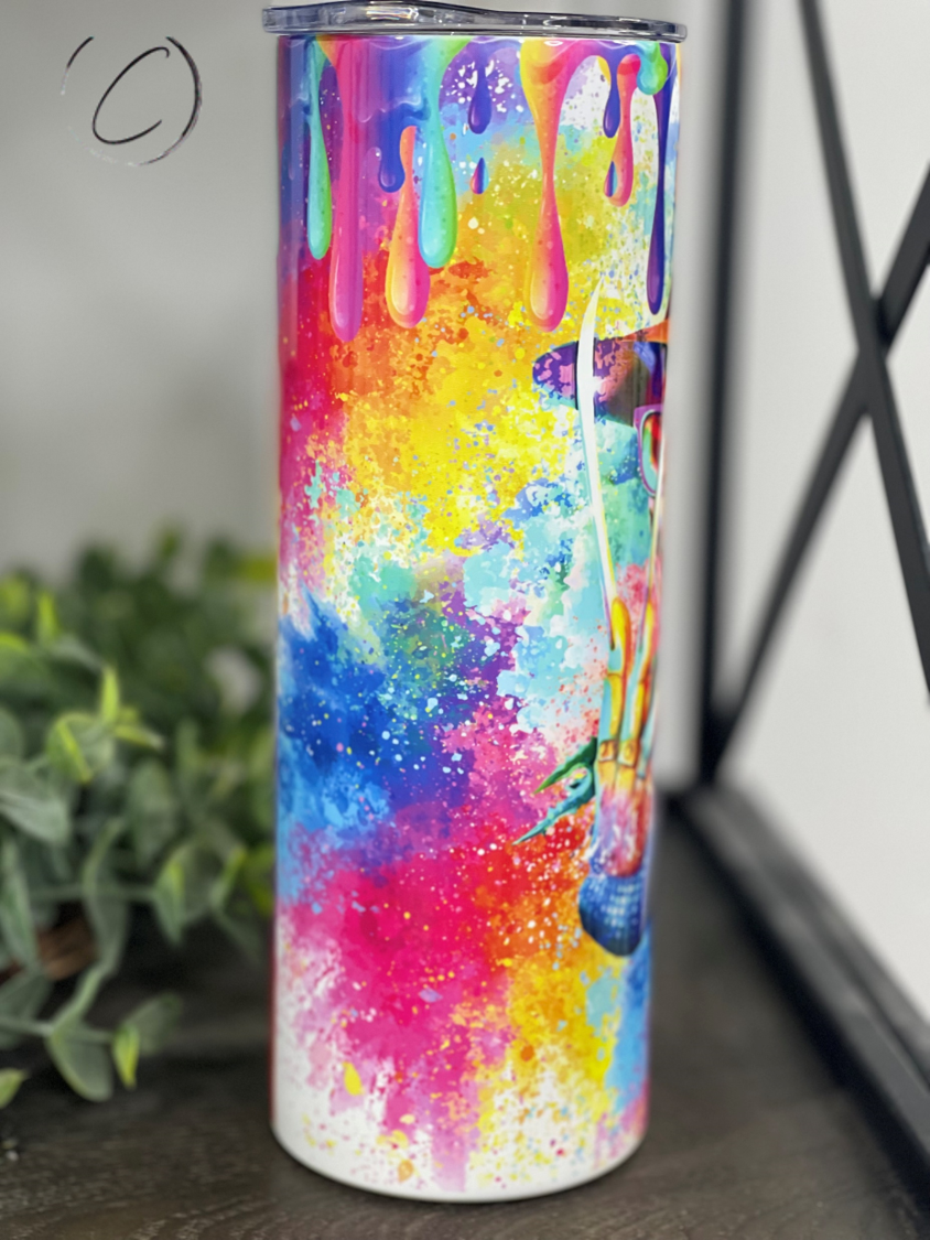 Freddy Sweet Dreams 20oz Skinny Tumbler with a vibrant full wrap design, perfect for drinks on the go.