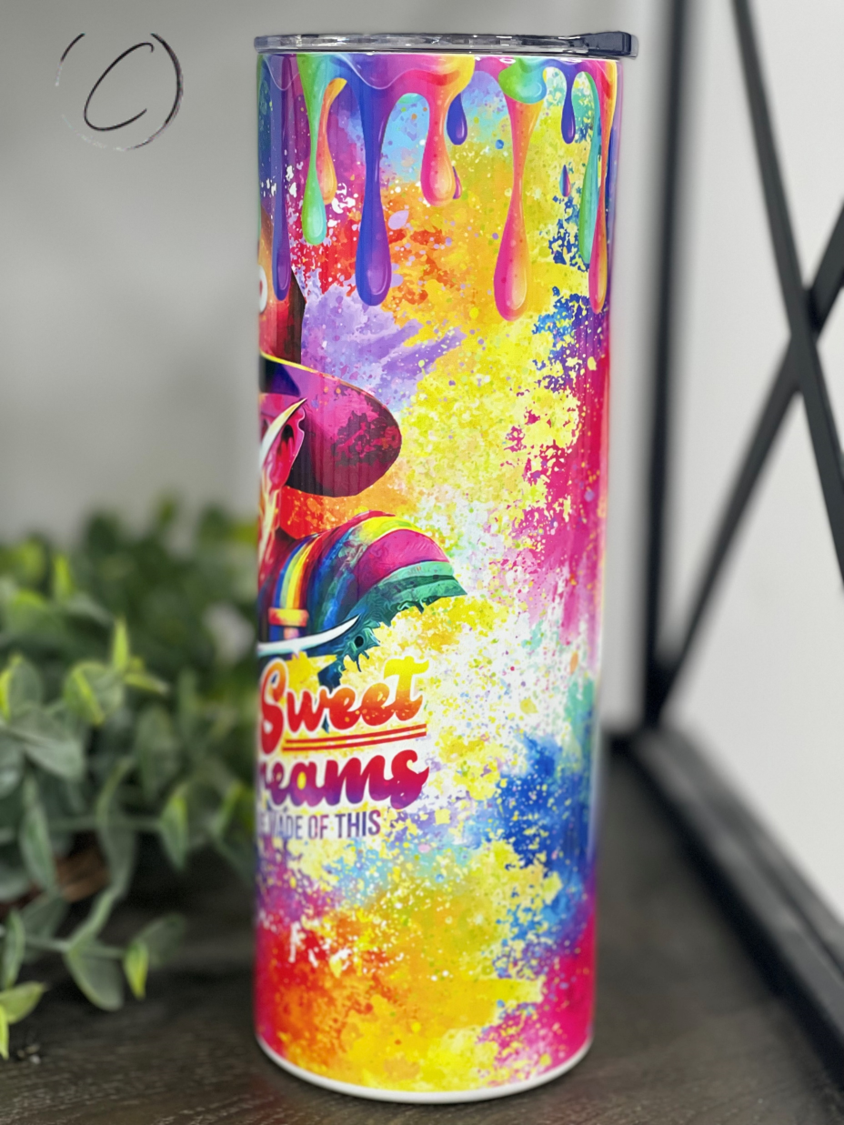 Freddy Sweet Dreams 20oz Skinny Tumbler with a vibrant full wrap design, perfect for drinks on the go.