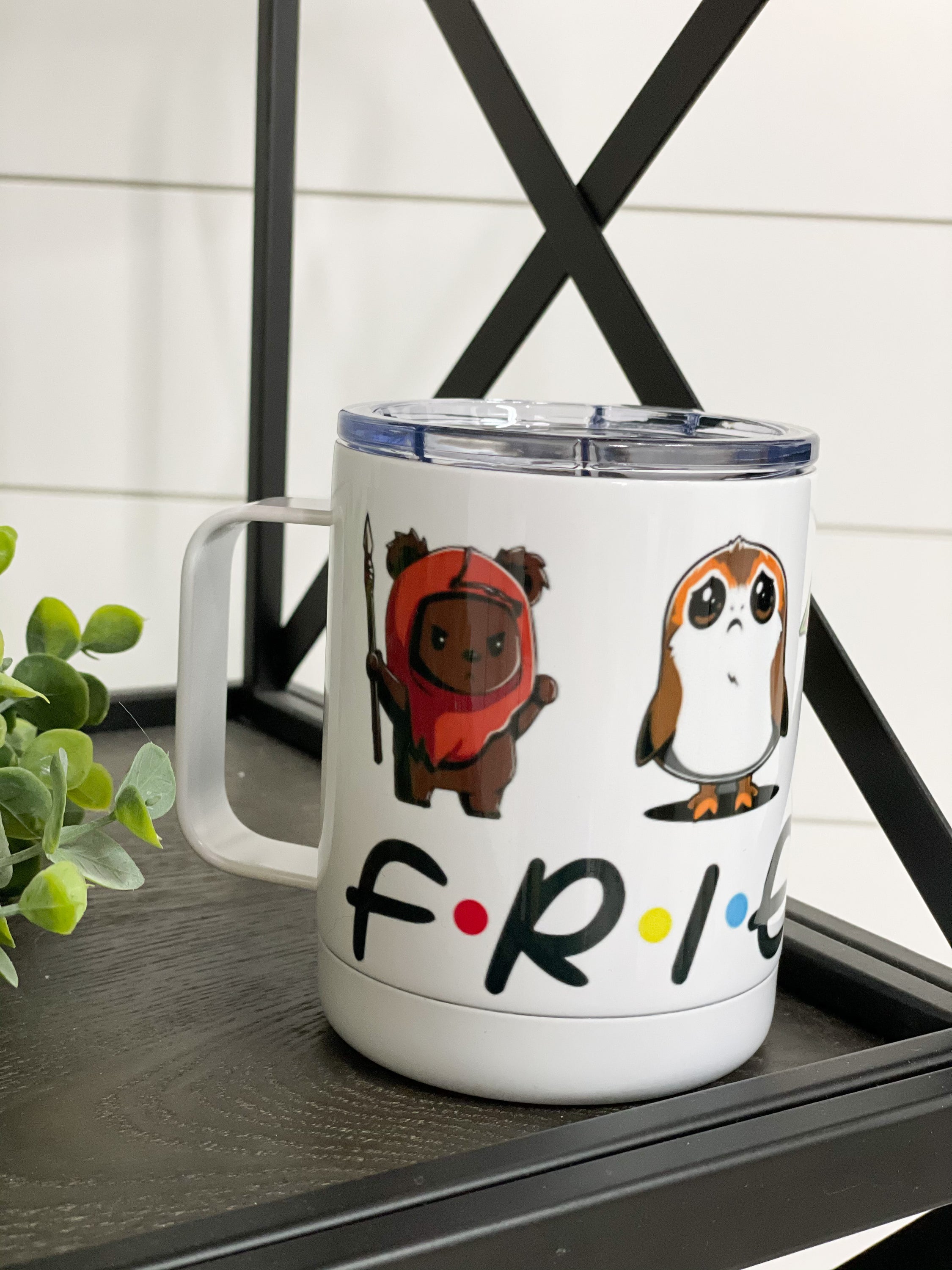 F*R*I*E*N*D*S 11oz Travel Mug featuring a vibrant design on both sides, perfect for coffee lovers.