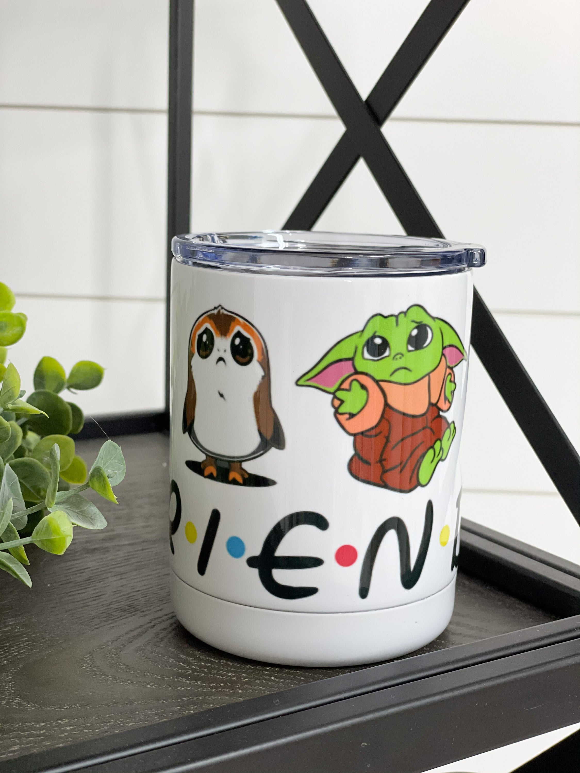 F*R*I*E*N*D*S 11oz Travel Mug featuring a vibrant design on both sides, perfect for coffee lovers.