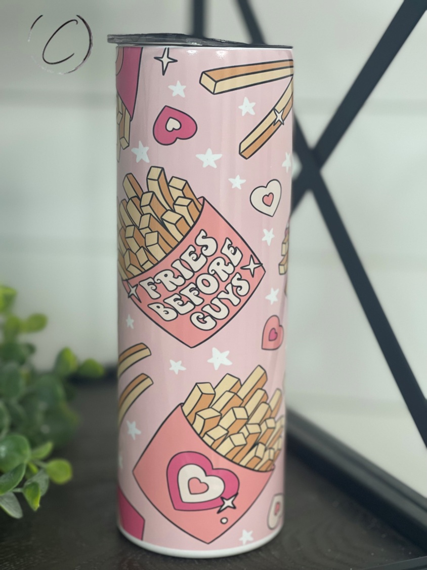 Fries Before Guys 20oz Skinny Tumbler with a fun design, featuring a reusable straw and a durable full wrap finish.