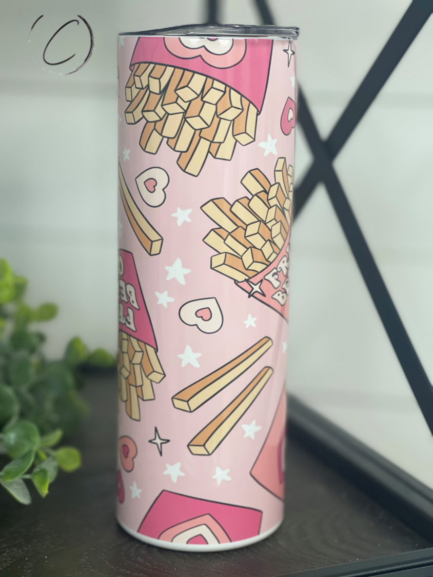 Fries Before Guys 20oz Skinny Tumbler with a fun design, featuring a reusable straw and a durable full wrap finish.