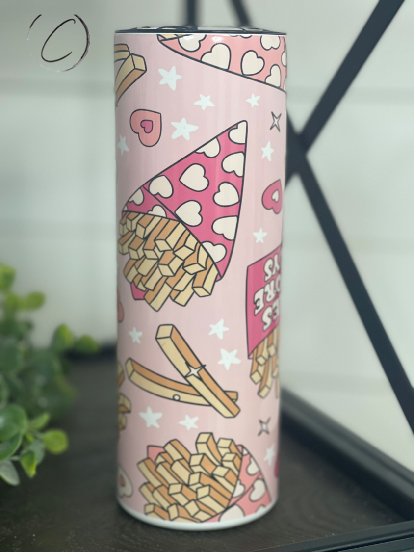 Fries Before Guys 20oz Skinny Tumbler with a fun design, featuring a reusable straw and a durable full wrap finish.