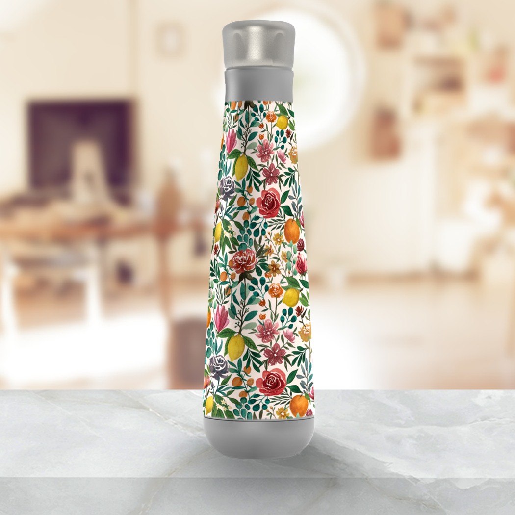 Fruit and Flowers Peristyle Water Bottle in stainless steel with vibrant floral design, showcasing its sleek and stylish appearance.