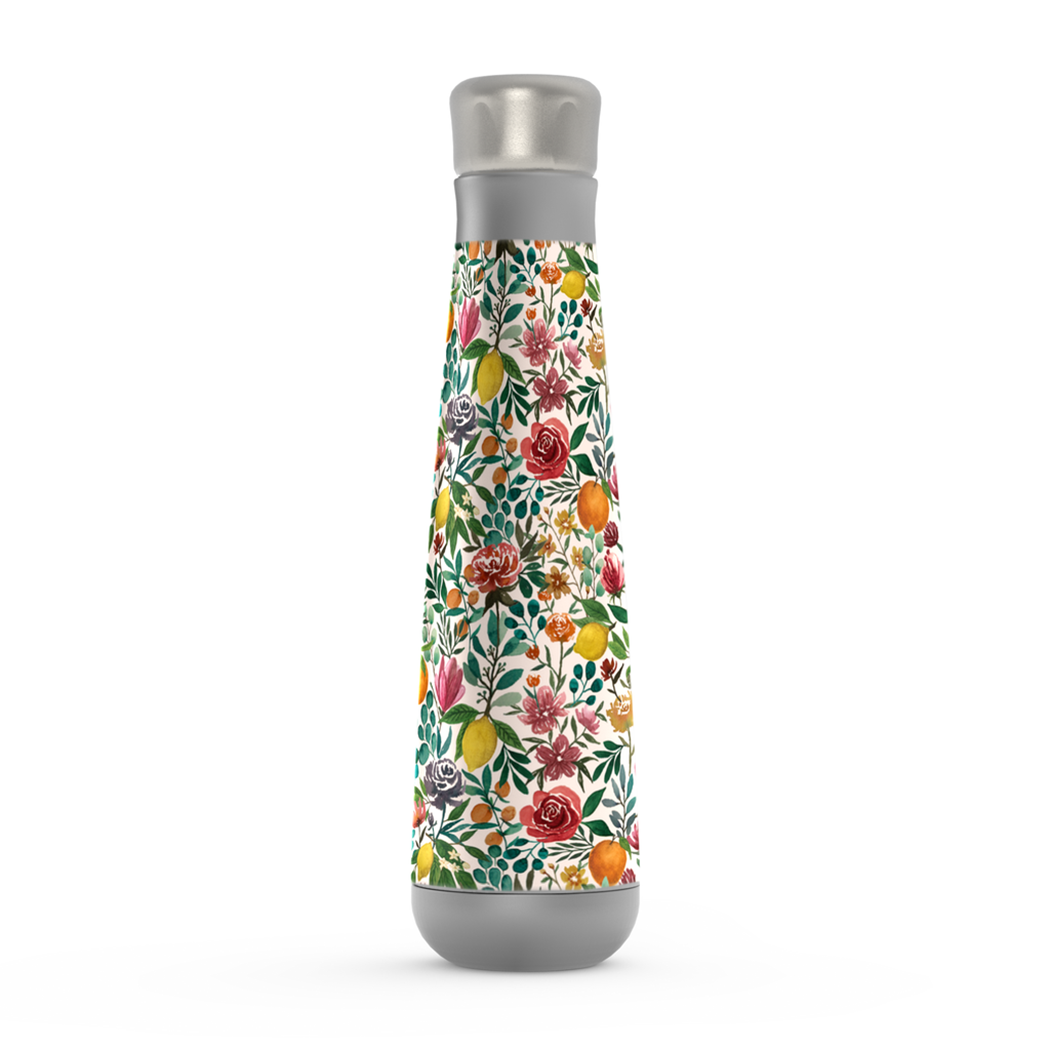 Fruit and Flowers Peristyle Water Bottle in stainless steel with vibrant floral design, showcasing its sleek and stylish appearance.