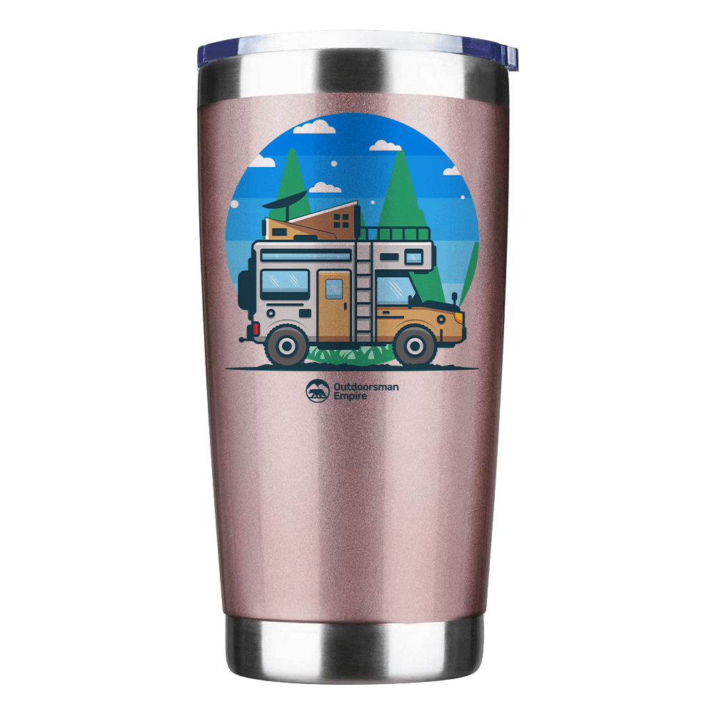 Funny Camping 20oz Insulated Vacuum Sealed Tumbler in vibrant colors with a bowling pin shape, perfect for hot and cold drinks.