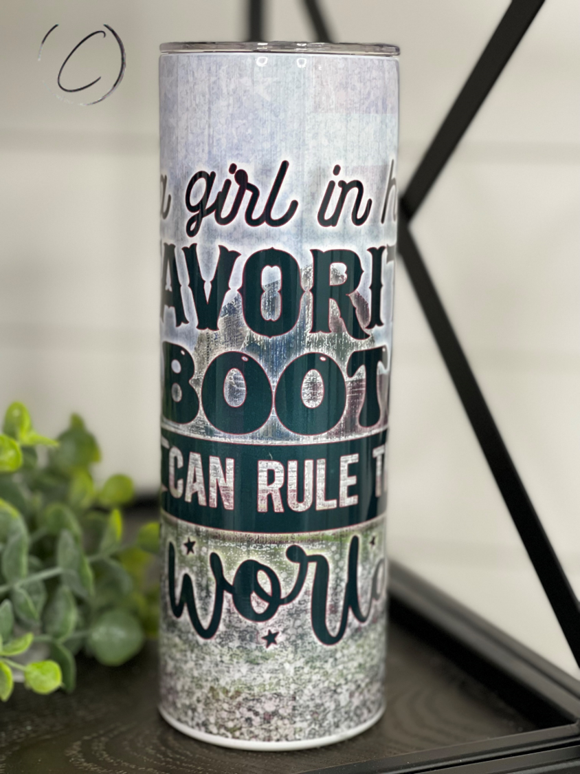 Girl & Her Fav Boots 20oz Skinny Tumbler with a vibrant full wrap design and reusable straw.