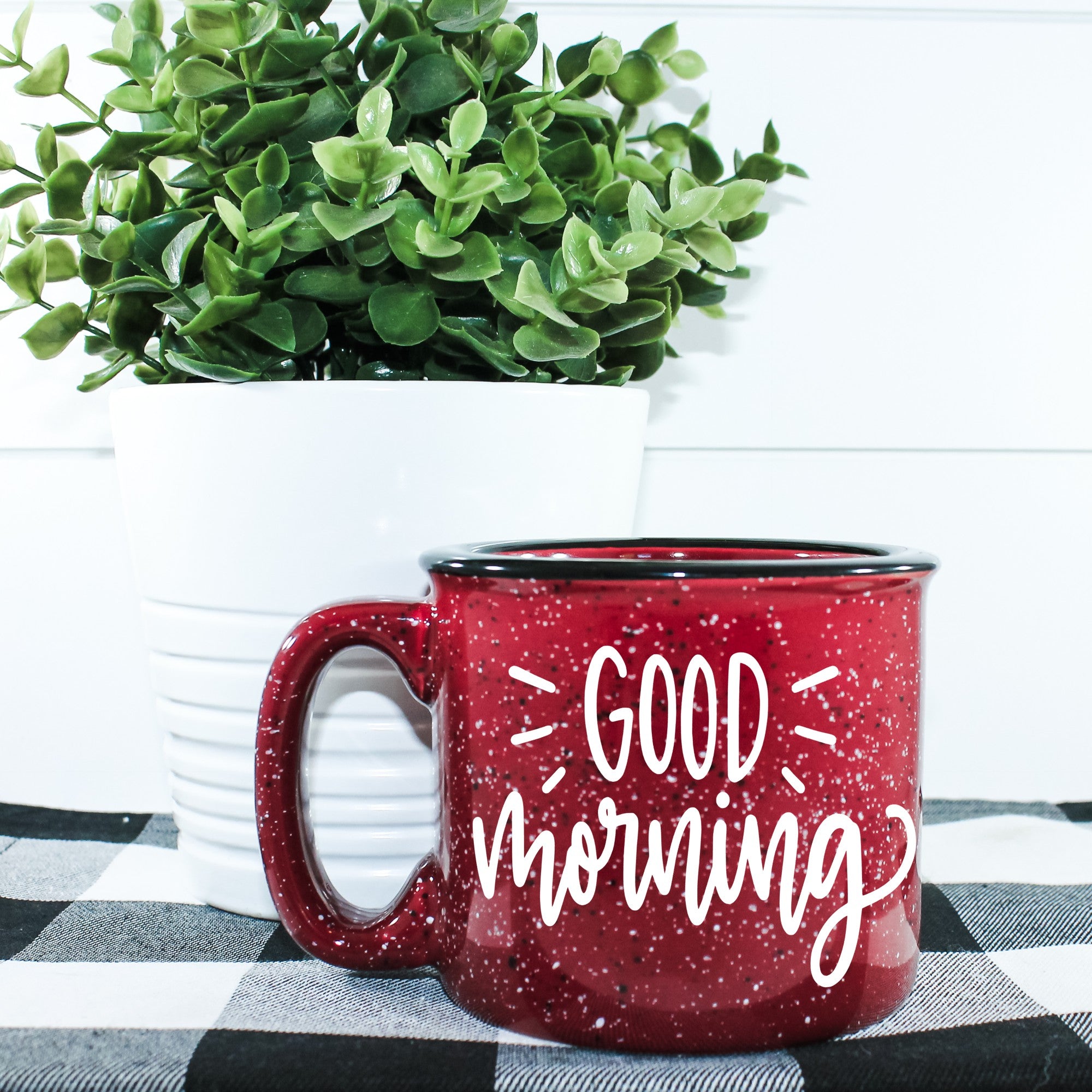 Good Morning Campfire Mug, a 15 oz ceramic mug with a unique design printed on one side, perfect for coffee lovers.