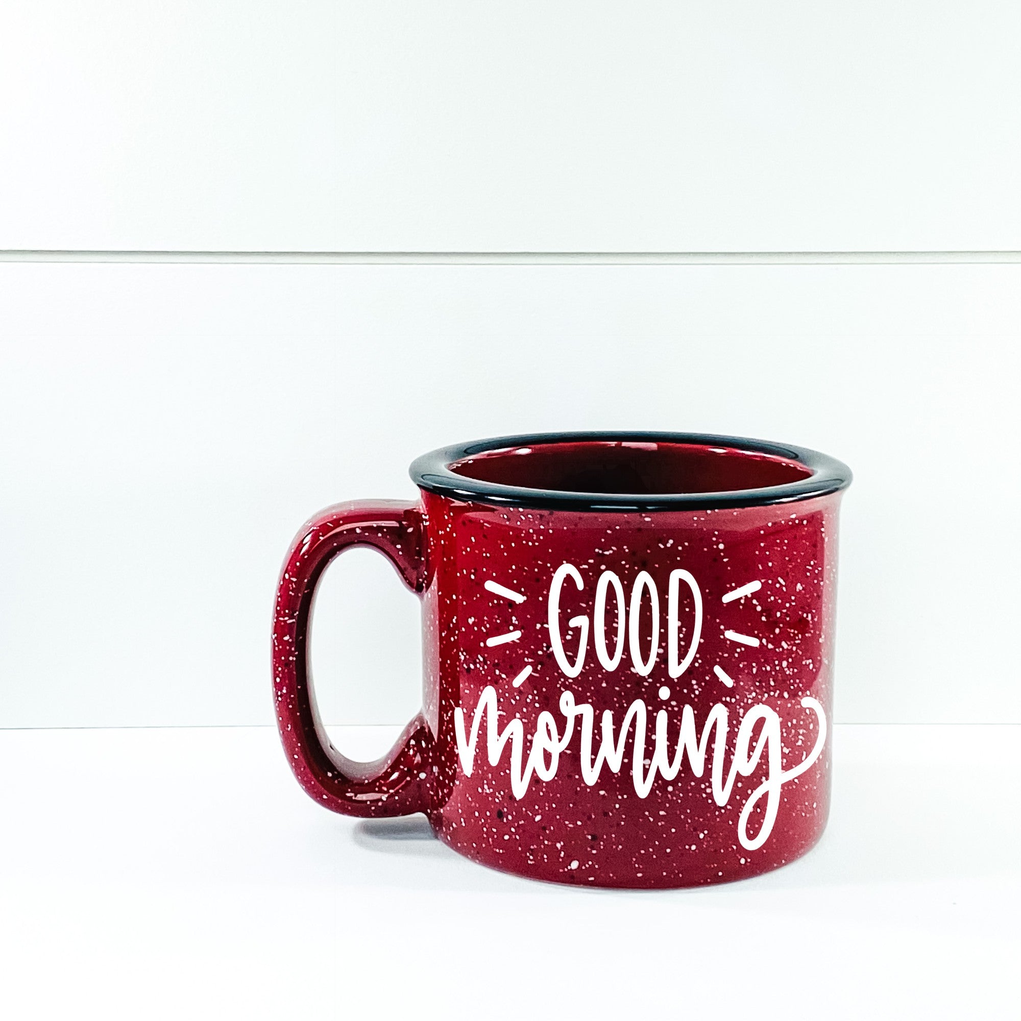 Good Morning Campfire Mug, a 15 oz ceramic mug with a unique design printed on one side, perfect for coffee lovers.